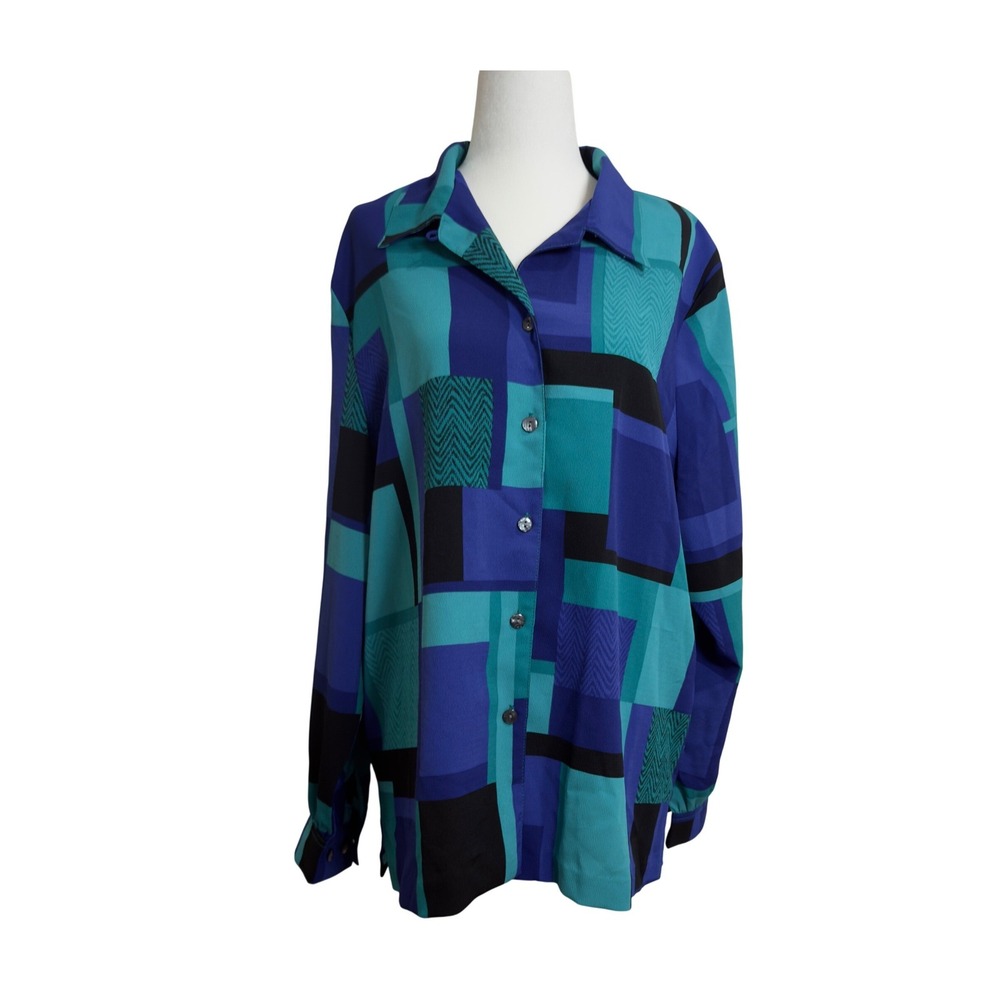 Vintage Allison Daley Geometric Colorblock Blouse Blue Button Up Long Sleeve